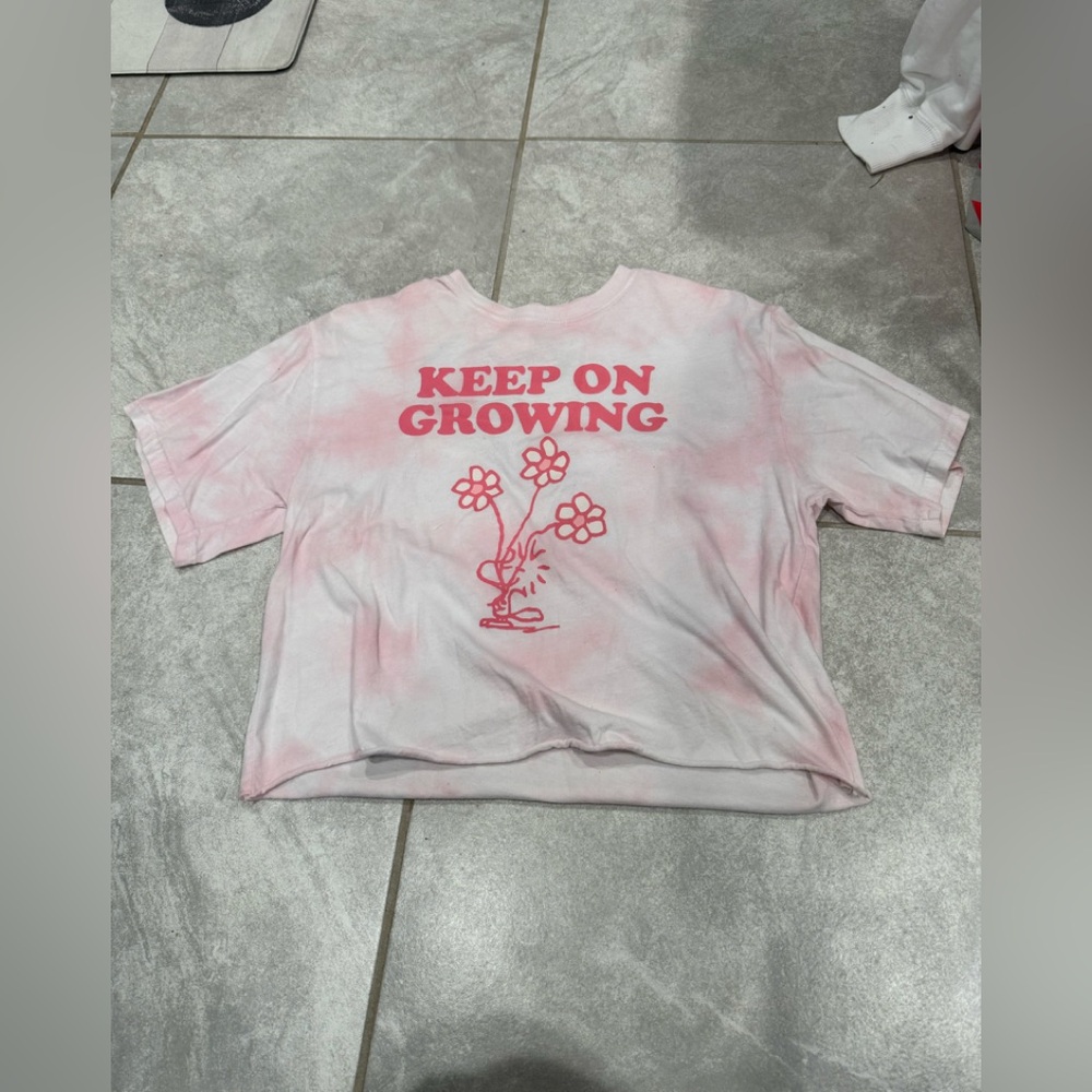 Women’s Peanuts T-Shirt “Keep On Growing” In Pink & White tye-dye Size Small